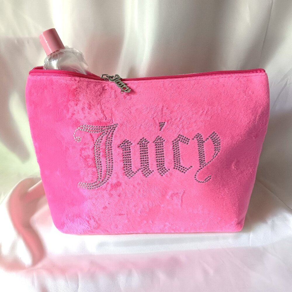 NEW 💥 JUICY COUTURE DEEP PINK VELOUR TRAVEL COSMETIC BAG w/ Travel Size Bottle